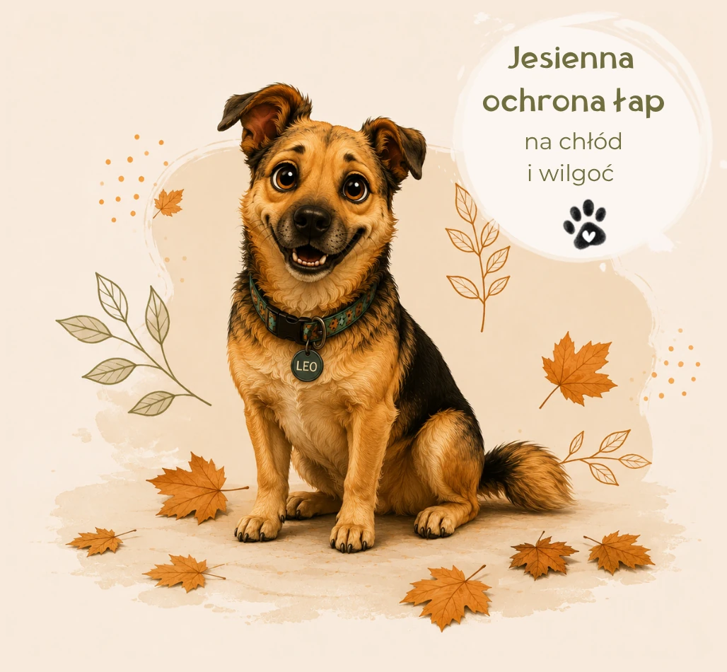 Leo, wesoły pies jesienią, otoczony liśćmi