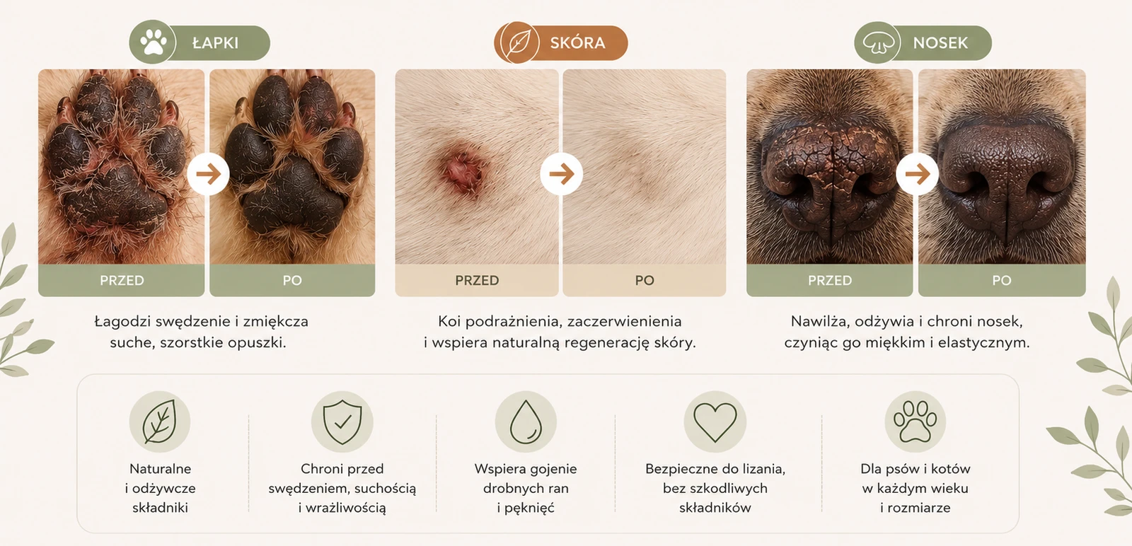 Naturalna pielęgnacja, która widać i czuć — łapki, skóra, nosek: przed i po